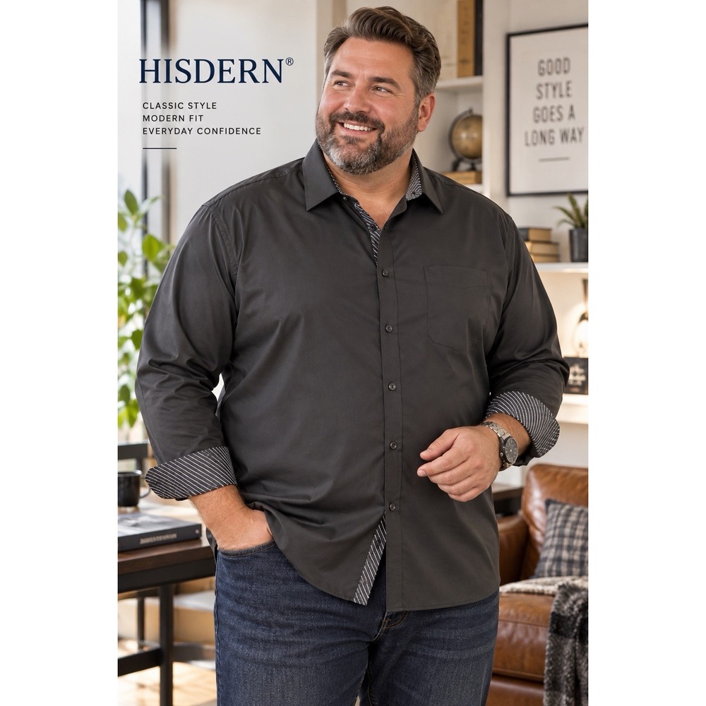 HISDERN Men's 6XL Black Dress Shirt 22.5 Neck NWT Contrast Cuff Big Tall